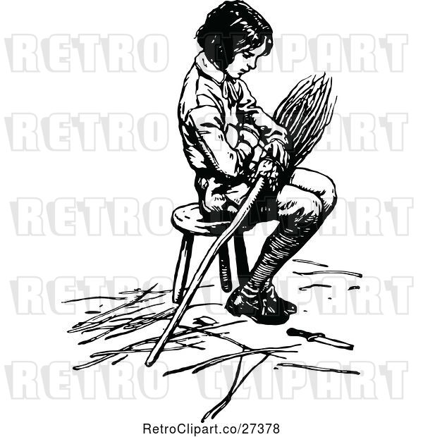 Vector Clip Art of Retro Boy Sitting on a Stool with a Broom