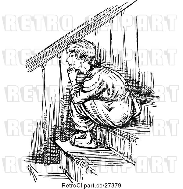 Vector Clip Art of Retro Boy Sitting on Stairs
