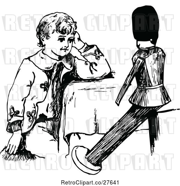 Vector Clip Art of Retro Boy Sitting with a Toy Soldier