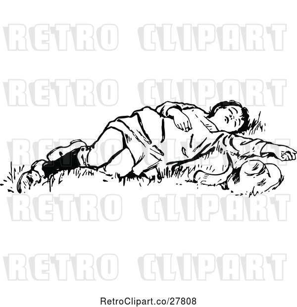 Vector Clip Art of Retro Boy Sleeping in Grass