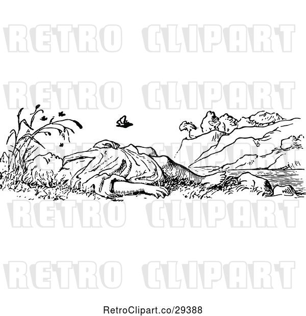 Vector Clip Art of Retro Boy Sleeping Outside