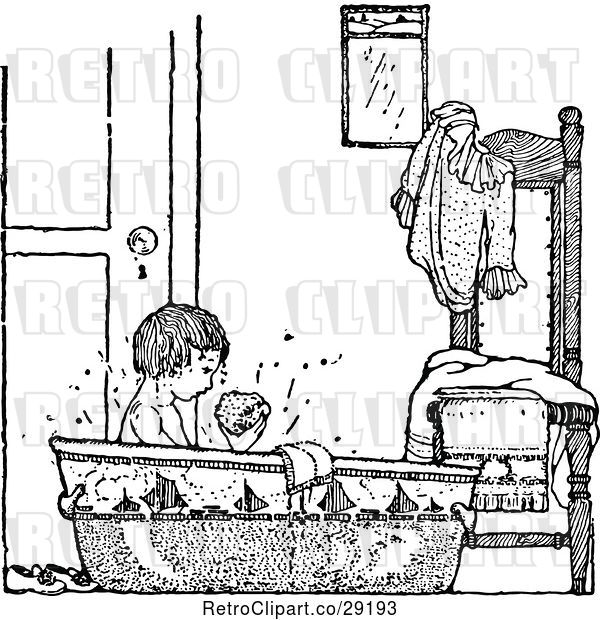 Vector Clip Art of Retro Boy Taking a Bath