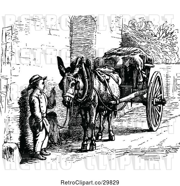 Vector Clip Art of Retro Boy Talking to a Donkey with a Cart