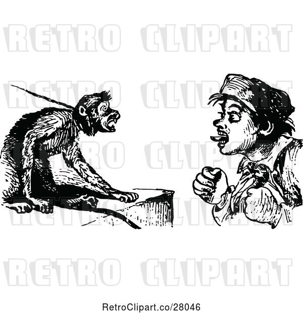 Vector Clip Art of Retro Boy Teasing a Pet Monkey