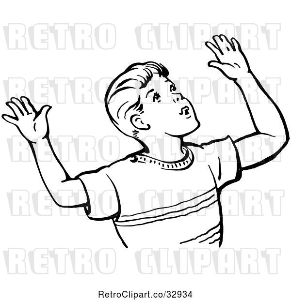 Vector Clip Art of Retro Boy Throwing up His Arms in