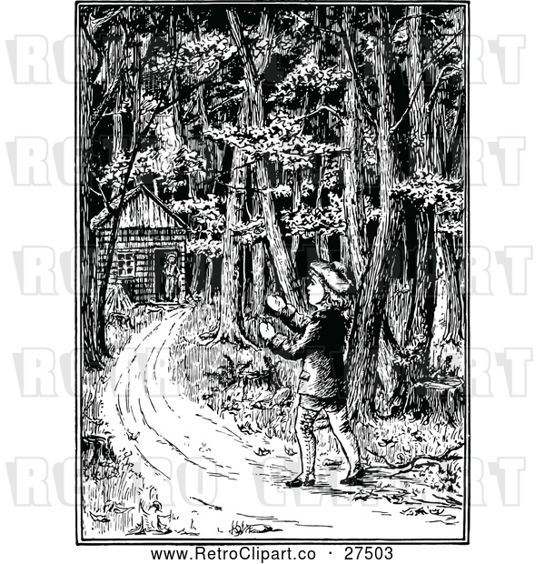Vector Clip Art of Retro Boy Walking to a Cabin in the Woods