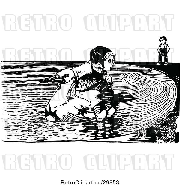 Vector Clip Art of Retro Boy Watching a Girl Ride a Duck