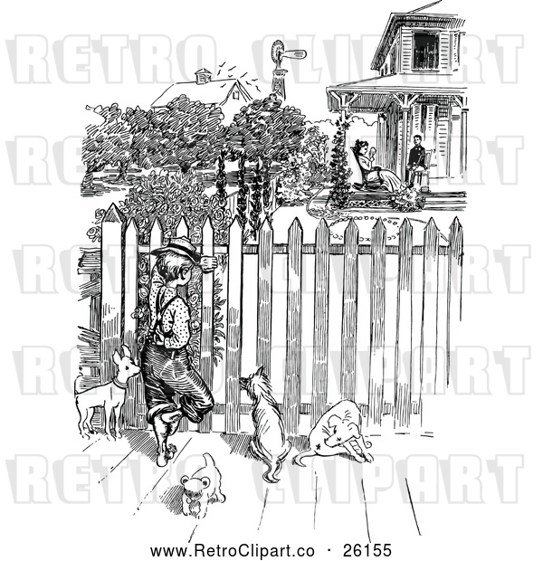 Vector Clip Art of Retro Boy with Dogs Spying Through a Fence