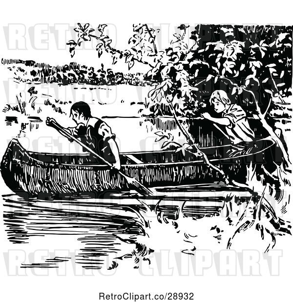 Vector Clip Art of Retro Boys in a Canoe