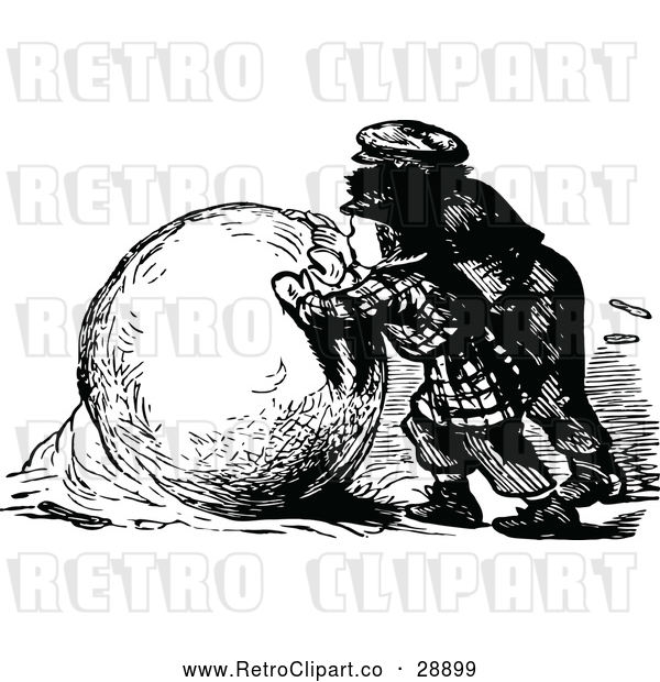 Vector Clip Art of Retro Boys Making a Large Snowball