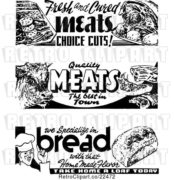 Vector Clip Art of Retro Bread and Meat Grocery Signs