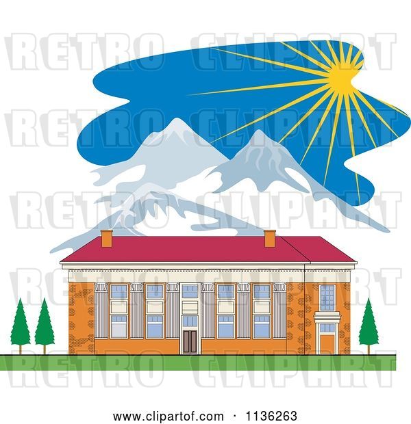 Vector Clip Art of Retro Brick School Building and Mountains with Sunshine