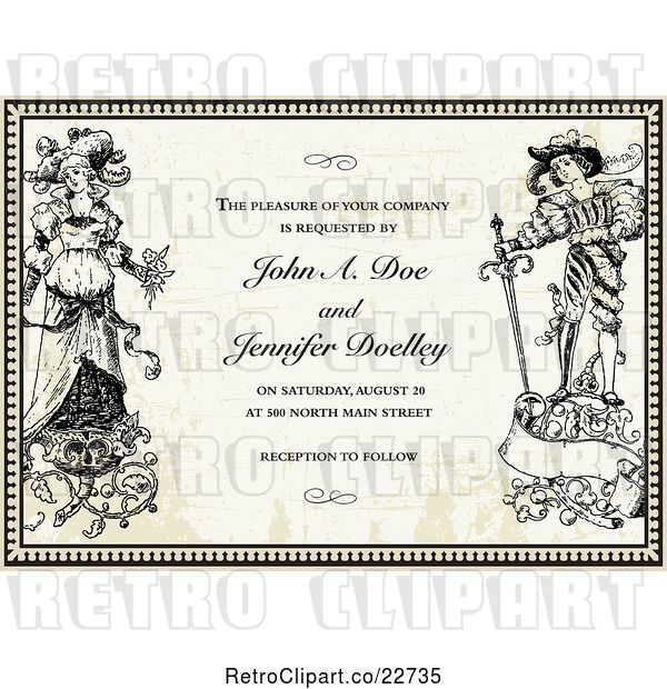 Vector Clip Art of Retro Bride and Groom in a Border over Paper with Sample Text