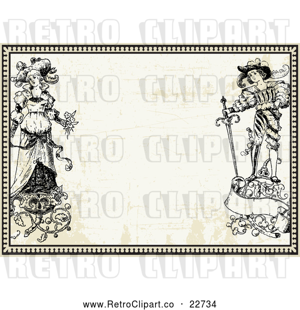 Vector Clip Art of Retro Bride and Groom with Floral Designs in a Border over Paper