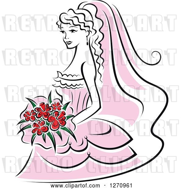 Vector Clip Art of Retro Bride in a Pink Dress, with Red Flowers