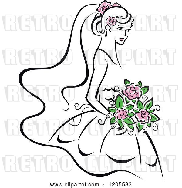 Vector Clip Art of Retro Bride with Pink Flowers