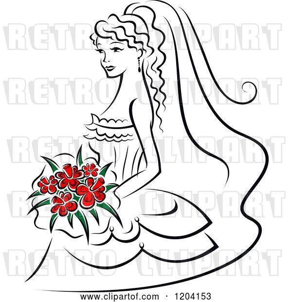 Vector Clip Art of Retro Bride with Red Flowers