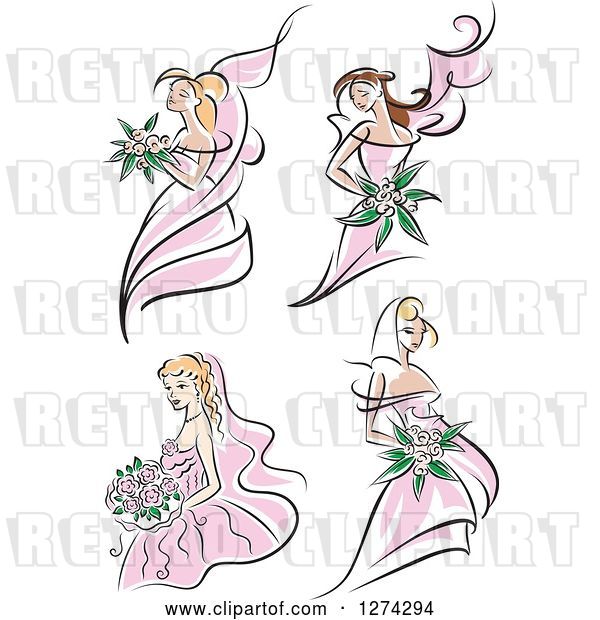 Vector Clip Art of Retro Brides in Pink Dresses