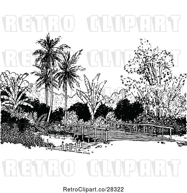 Vector Clip Art of Retro Bridge and Palm Trees