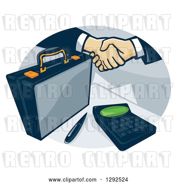 Vector Clip Art of Retro Briefcase and Handshake with a Calculator in an Oval