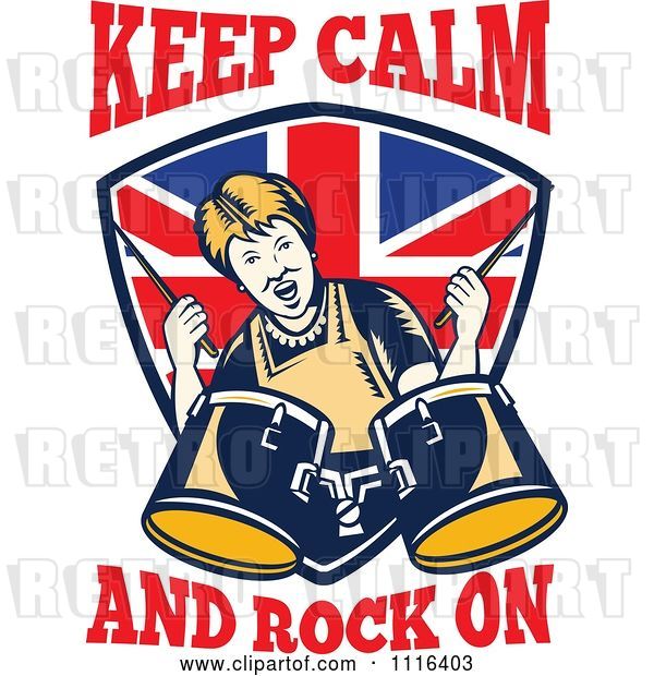 Vector Clip Art of Retro British Granny Drummer over a Shield with Keep Calm and Rock on Text