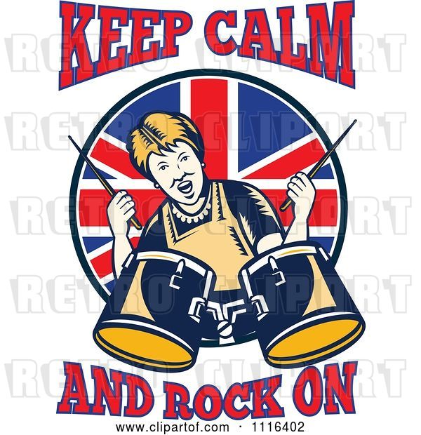 Vector Clip Art of Retro British Granny Drummer with Keep Calm and Rock on Text