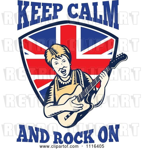 Vector Clip Art of Retro British Granny Guitarist over a Shield with Keep Calm and Rock on Text