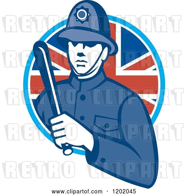Vector Clip Art of Retro British London Bobby Police Officer with a Truncheon in a Union Jack Flag Circle