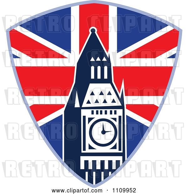 Vector Clip Art of Retro British Union Jack Shield and Big Ben Clock Tower