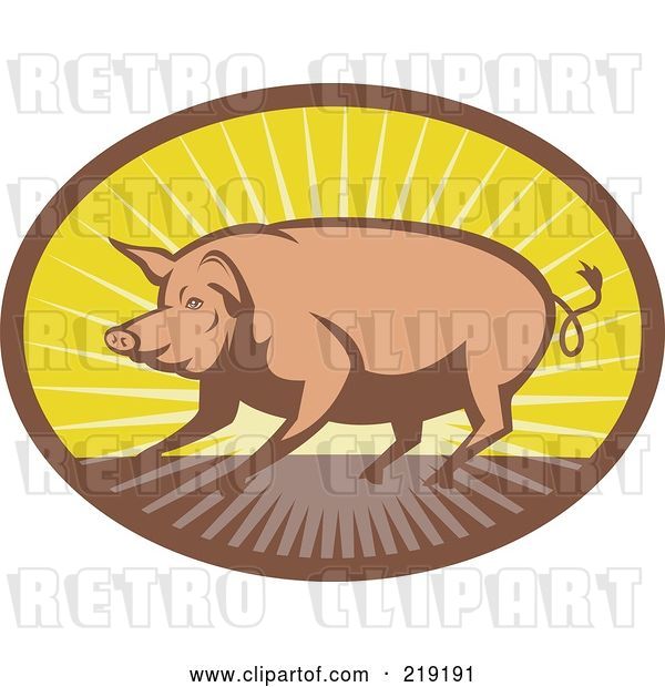Vector Clip Art of Retro Brown and Yellow Pig and Sunrise Logo