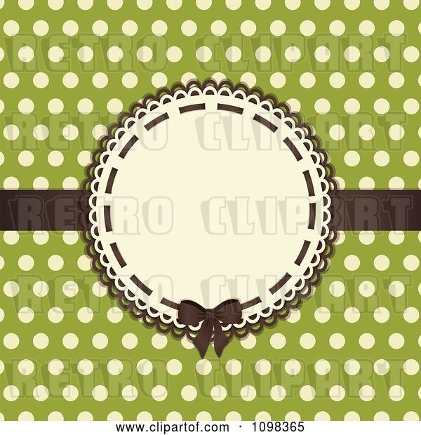 Vector Clip Art of Retro Brown Bow on a Frame with Beige Polka Dots on Green