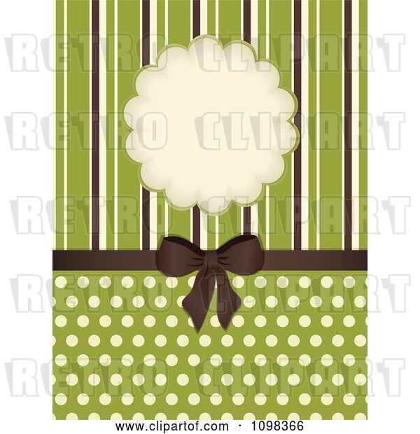 Vector Clip Art of Retro Brown Bow with Brown Green and Beige Stripes a Frame and Polka Dots on Green