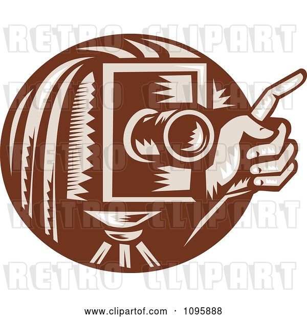 Vector Clip Art of Retro Brown Box Camera and Photographers Hand Holding a Finger up