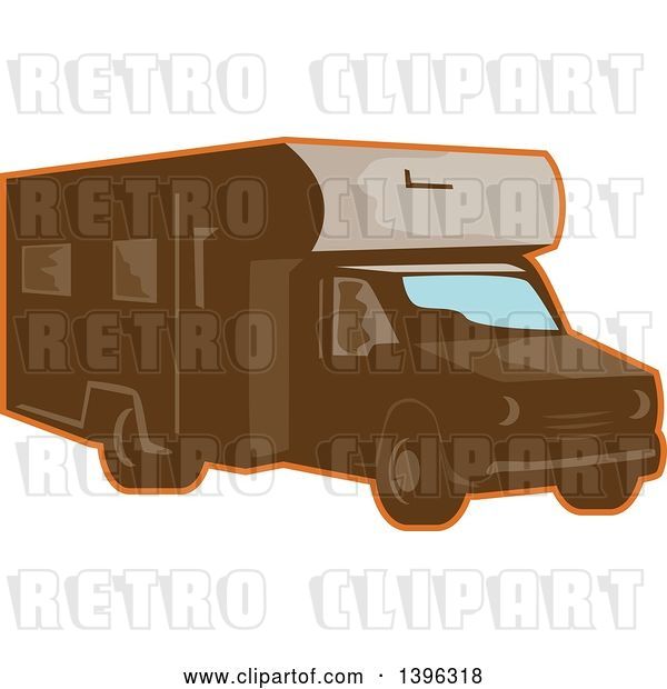 Vector Clip Art of Retro Brown Camper Van RV with an Orange Outline