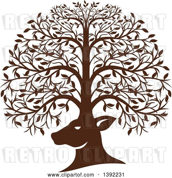 Vector Clip Art of Retro Brown Deer Head with His Antlers Forming a Tree