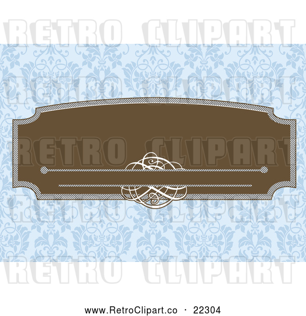 Vector Clip Art of Retro Brown Frame with Swirls over a Blue Floral Pattern