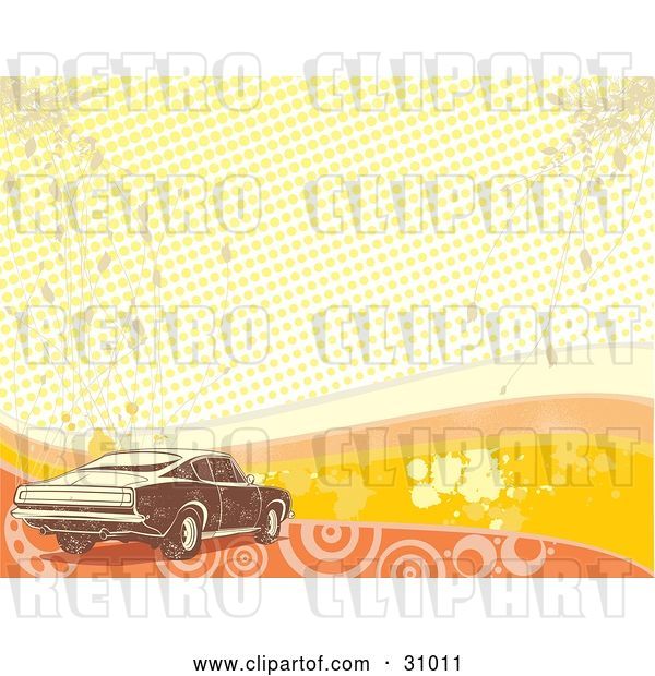 Vector Clip Art of Retro Brown Muscle Car over a Grunge Background of Orange and Yellow Waves, Grunge, Circles, Dots and Splatters