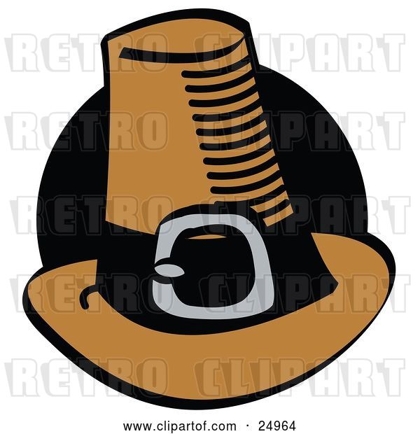 Vector Clip Art of Retro Brown Pilgrim Hat with a Buckle Around the Base, in Front of a Black Circle