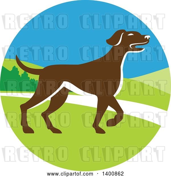 Vector Clip Art of Retro Brown Pointer Dog in a Landscape Circle