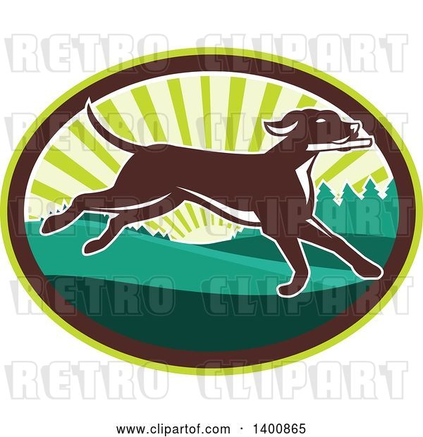Vector Clip Art of Retro Brown Pointer Dog Running in a Sunrise Oval
