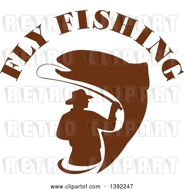 Vector Clip Art of Retro Brown Silhouetted Fly Fisher Man and Trout Fish Under Text