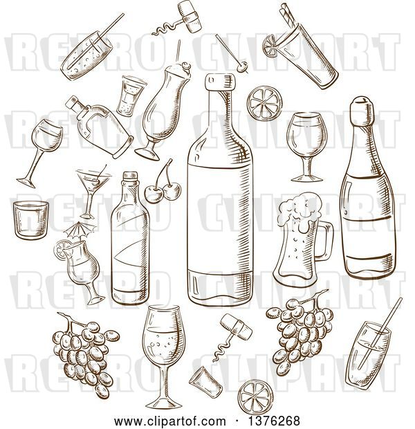 Vector Clip Art of Retro Brown Sketched Beverages, Alcohol, Fruits, Glasses and Corkscrews Sketches in a Circle