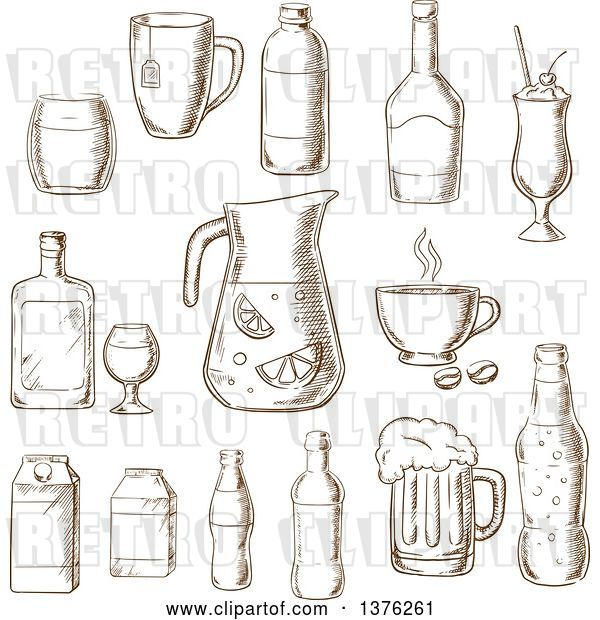 Vector Clip Art of Retro Brown Sketched Fruit Juice, Beer, Soda, Beer, Alcohol, Champagne, Milkshake, Liquor, Milk, Coffee, Liqueur