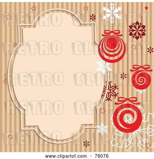 Vector Clip Art of Retro Brown Striped Background with Snowflakes, Baubles and a Text Box