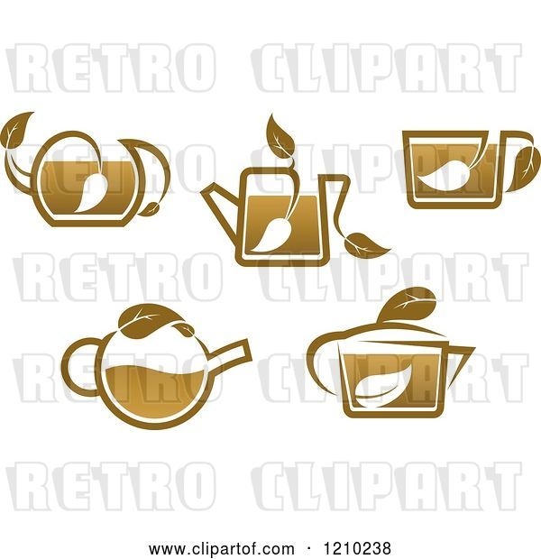 Vector Clip Art of Retro Brown Tea or Coffe Pots and Cups with Leaves 2