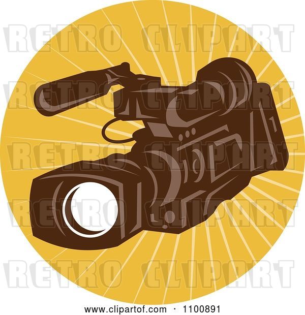 Vector Clip Art of Retro Brown Video Camera in a Circle of Rays