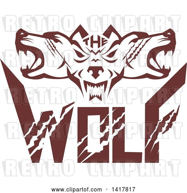 Vector Clip Art of Retro Brown Wolf Heads Facing Front and to the Sides over Text