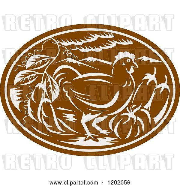 Vector Clip Art of Retro Brown Woodcut Chicken Oval with Vegetables