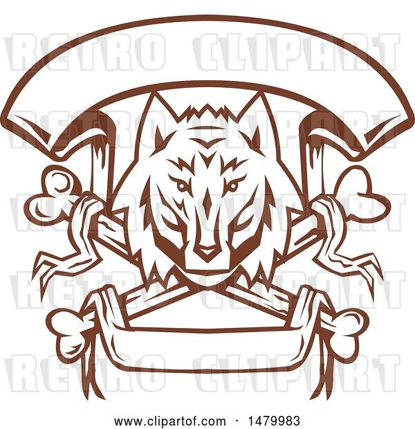 Vector Clip Art of Retro Browna Nd White Wolf Head over Cross Bones and Banners