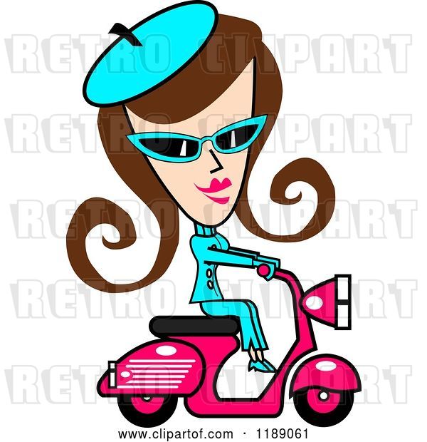 Vector Clip Art of Retro Brunette Lady Dressed in Blue, Riding a Pink Scooter
